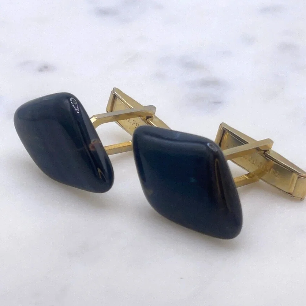Unknown Gemstone Stone Accent Translucent Black Gold Mens Whale Back Cufflinks